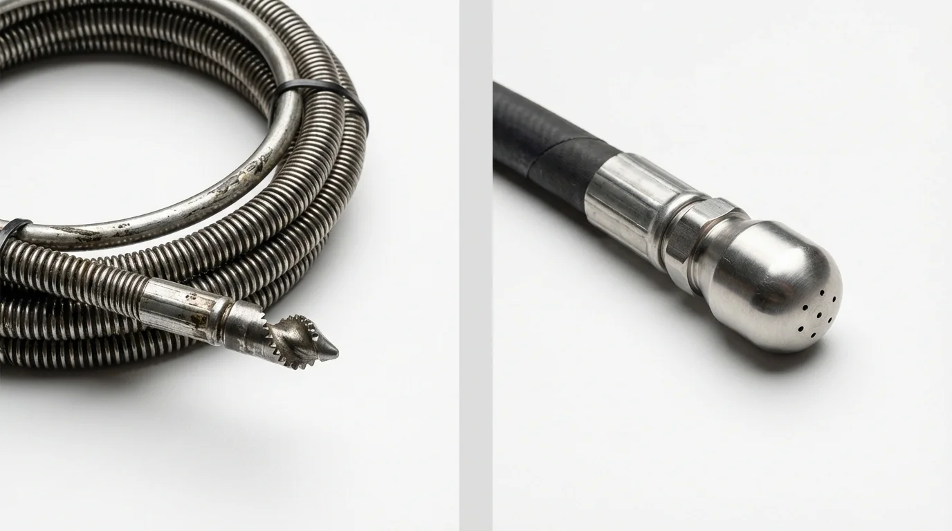 Drain snake cable and hydro jetting nozzle used for drain cleaning in Dardanelle, AR