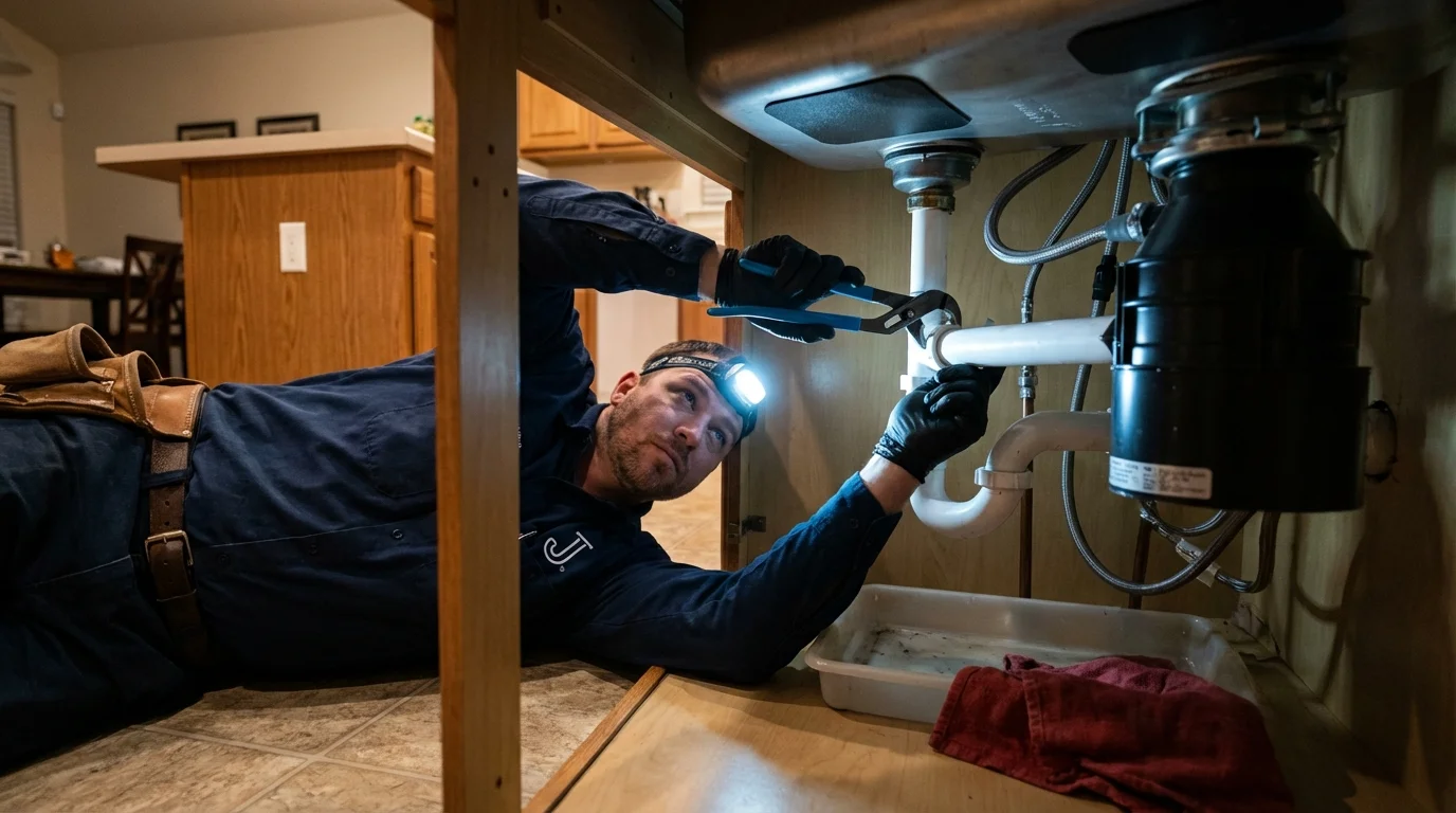 P-trap and supply line connections under a kitchen sink showing a common leak point in Dardanelle, AR